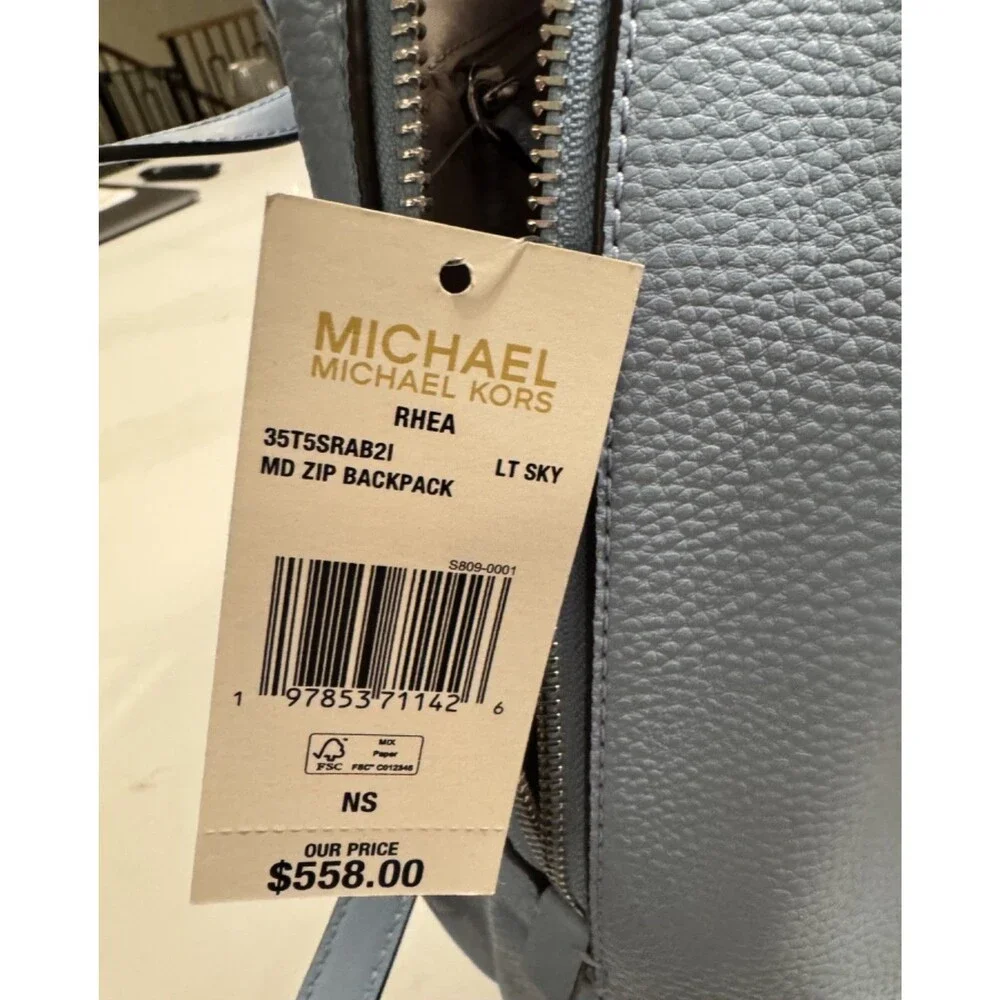 NWT Michael Kors Rhea Women Medium Embellished Zip Pocket Backpack Bag Light Sky